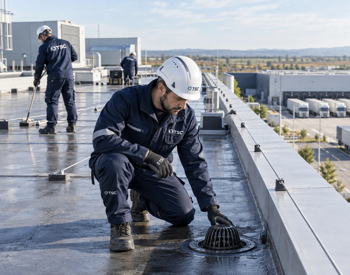 Echipă TSC la inspecția și mentenanța unui acoperiș industrial