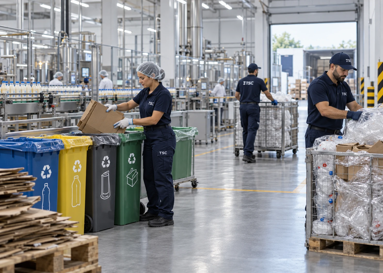 Operatori TSC gestionând deșeuri și ambalaje într-o fabrică alimentară