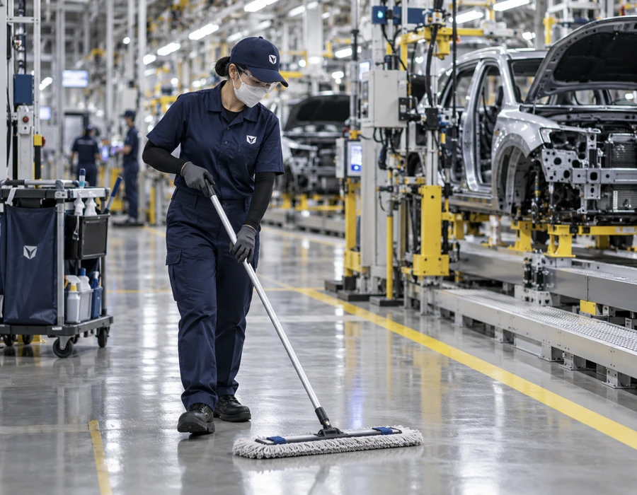 Operator TSC curățând o zonă de producție automotive