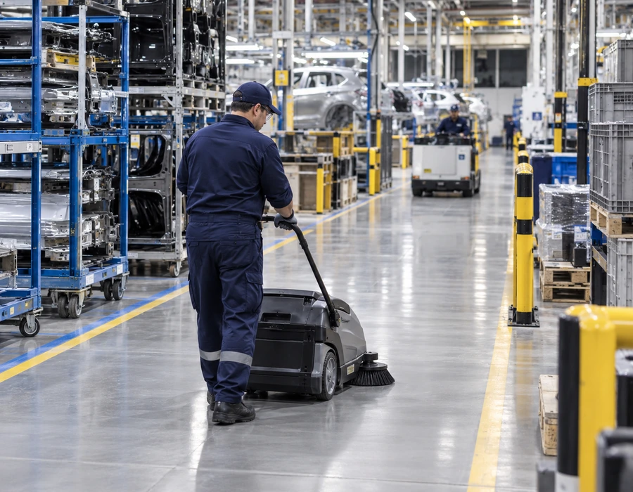 Operator TSC curățând traseele logistice interne ale unei fabrici auto