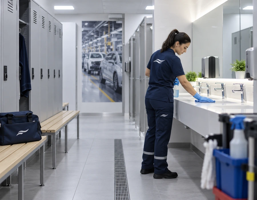 Operator TSC efectuând curățenie în vestiarele unei fabrici auto