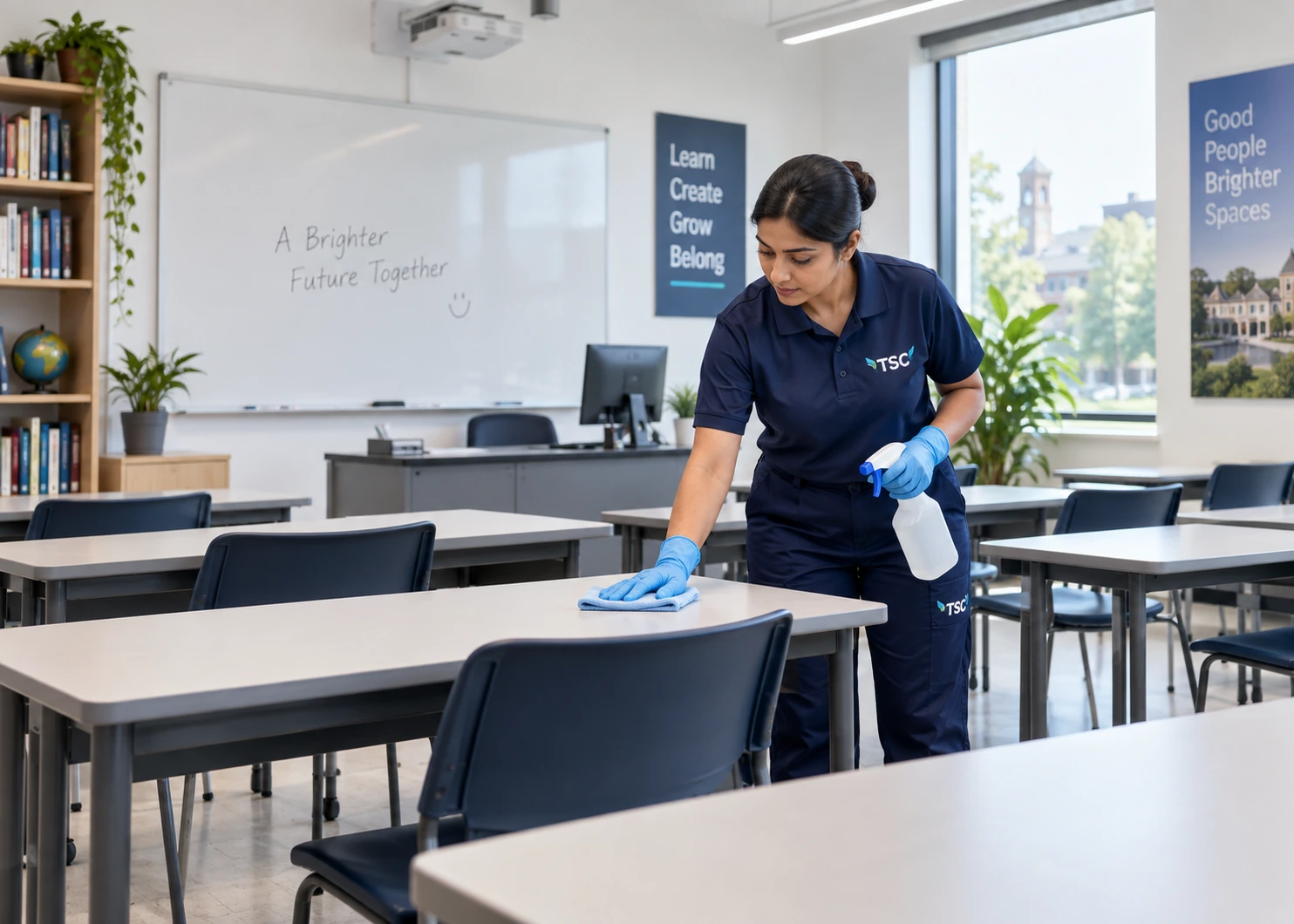 Operator TSC efectuând curățenie într-o sală de curs
