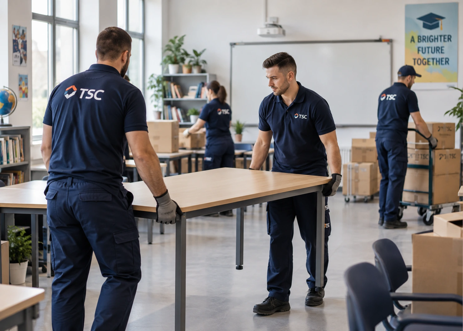 Echipă TSC efectuând debarasare și relocare într-o unitate educațională