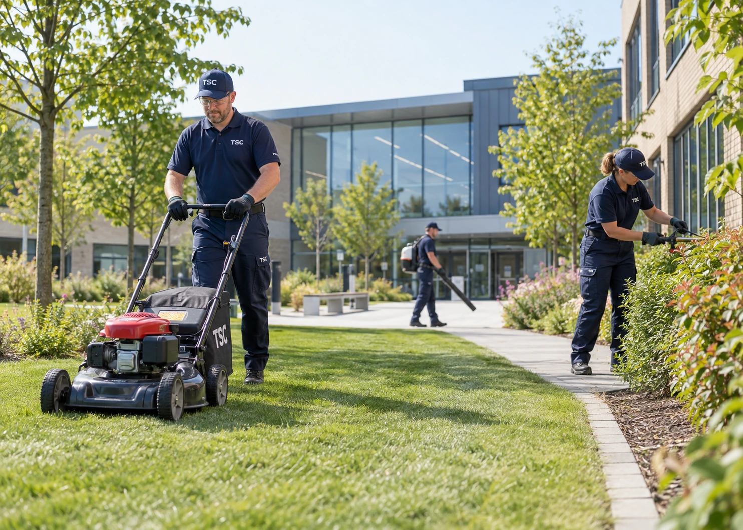 Echipă TSC efectuând landscaping într-un campus