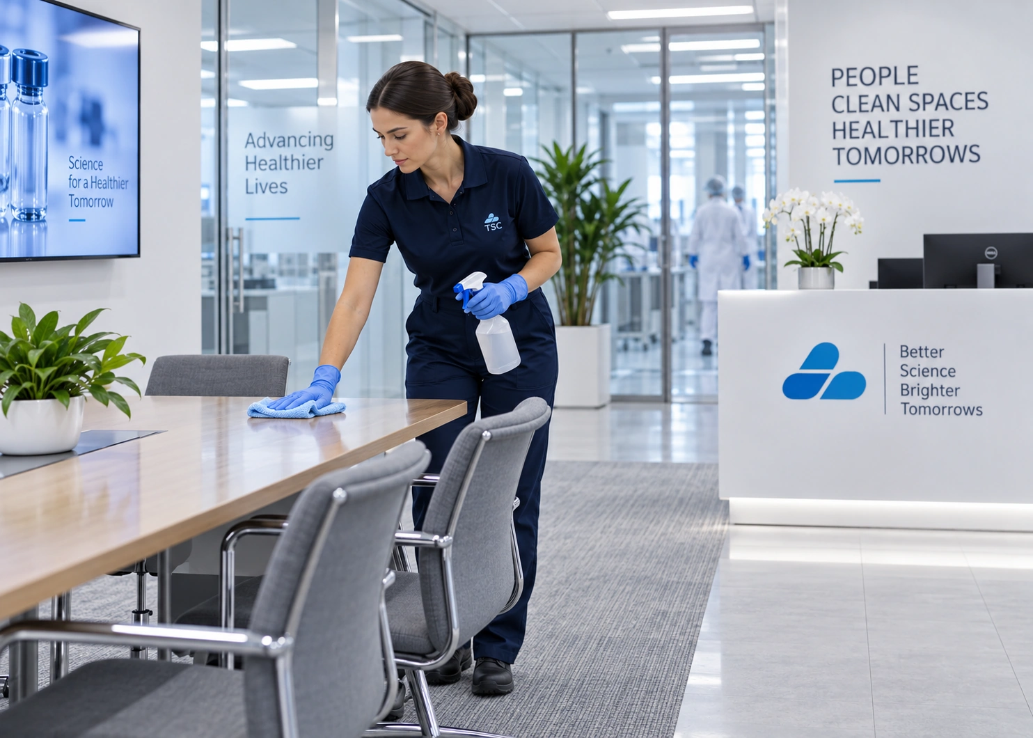 Operator TSC efectuând curățenie în zona office a unei companii farmaceutice