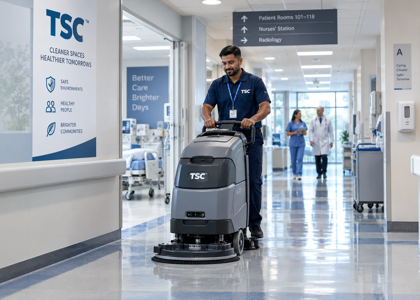 Operator TSC efectuând curățenie mecanizată într-un coridor medical